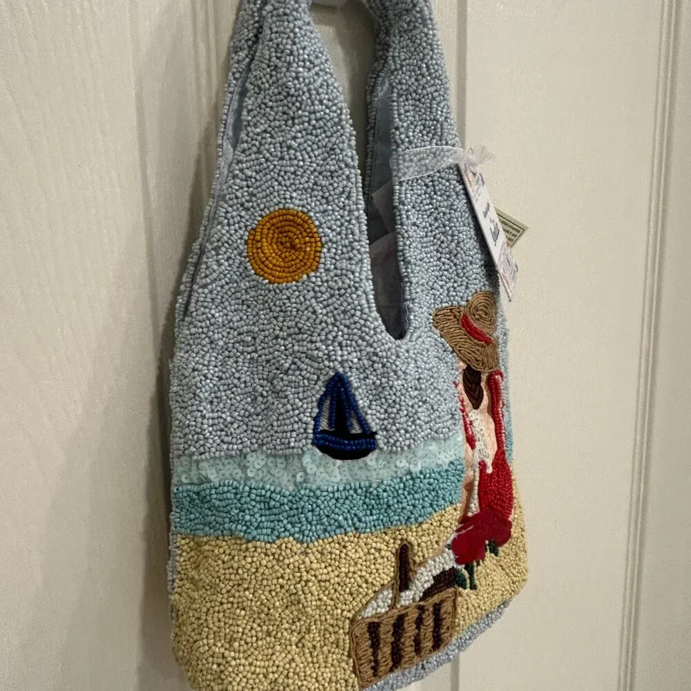Handmade in India Beaded Beach Scene Bag Tropical Drink Sequins NWT